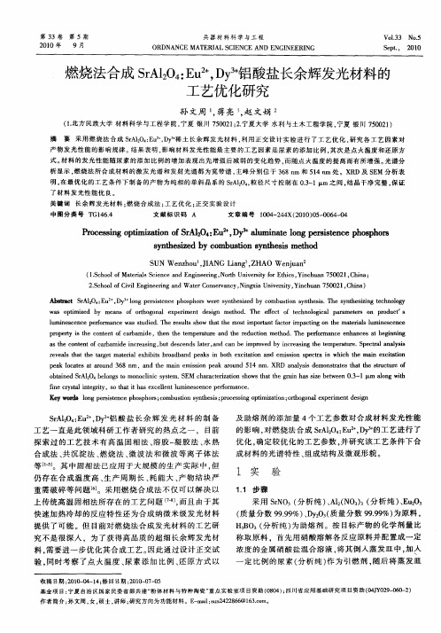 燃烧法合成SrAl2O4：Eu 2+,Dy 3+铝酸盐长余辉发光材料的工艺优化研究