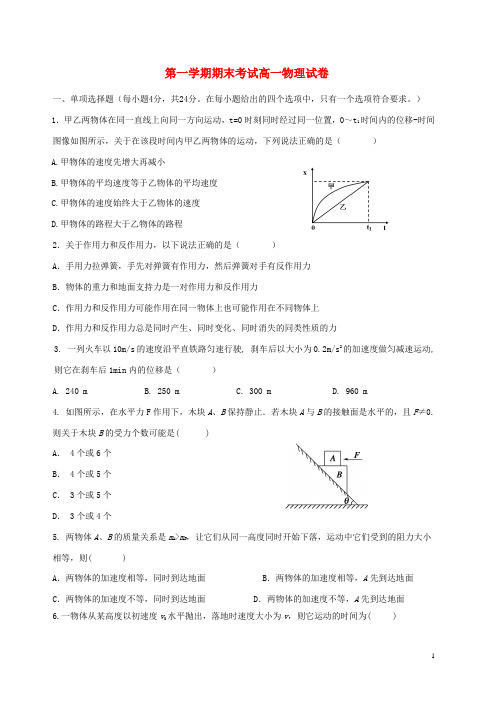 浙江省温州高一物理上学期期末试题(无答案)