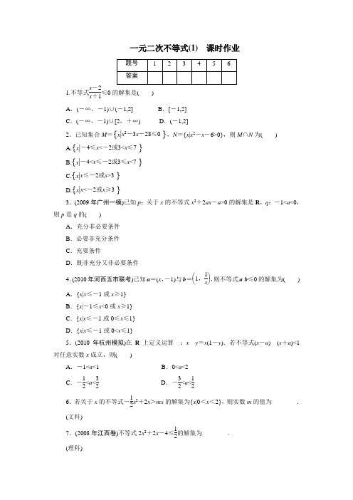 苏教版高中数学必修五一元二次不等式同步练习(1)