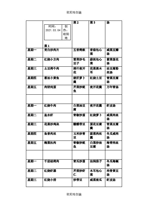 中小学一周菜谱(三菜一汤)荤素搭配之欧阳地创编