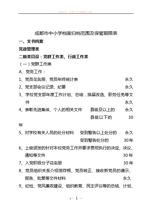 成都市中小学档案归档范围及保管期限表