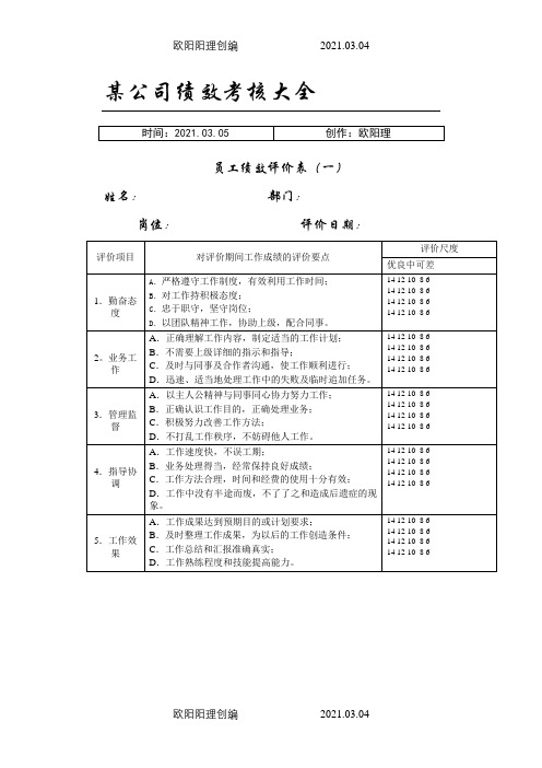 最新公司绩效考核表格大全(适合大小公司)之欧阳理创编