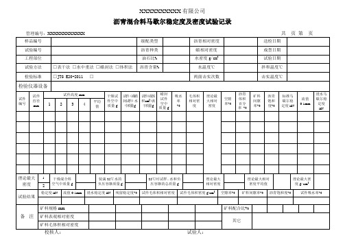 沥青混合料马歇尔稳定度及密度试验记录(模板)