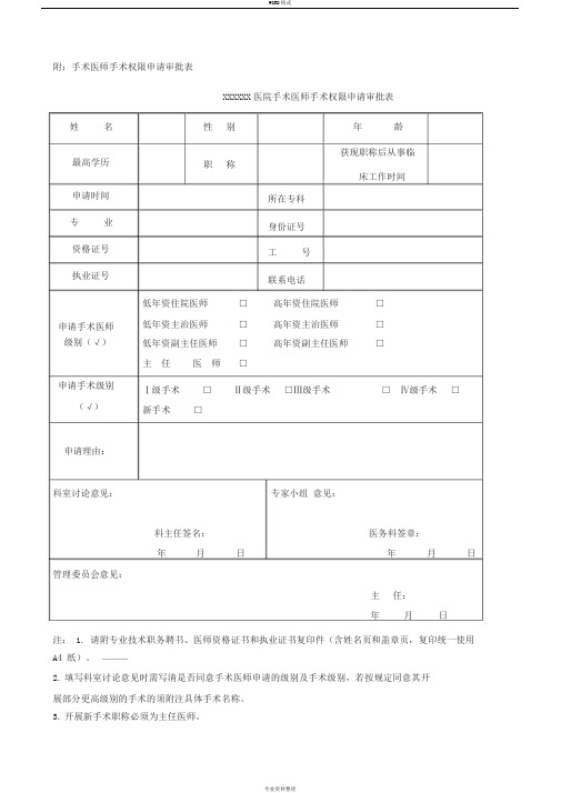 手术医师资格准入申请审批表