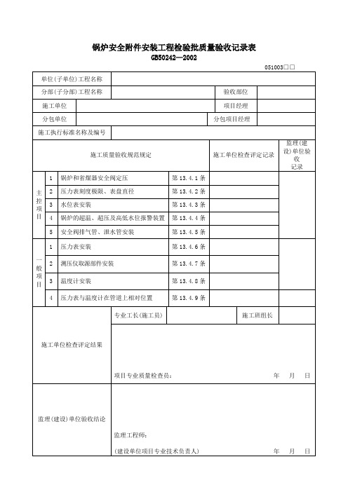 锅炉安全附件安装工程检验批质量验收记录表