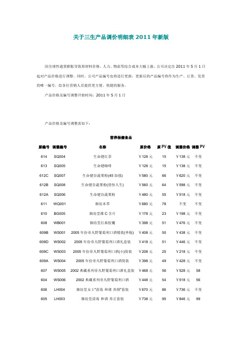 三生产品调价明细表2011年新版