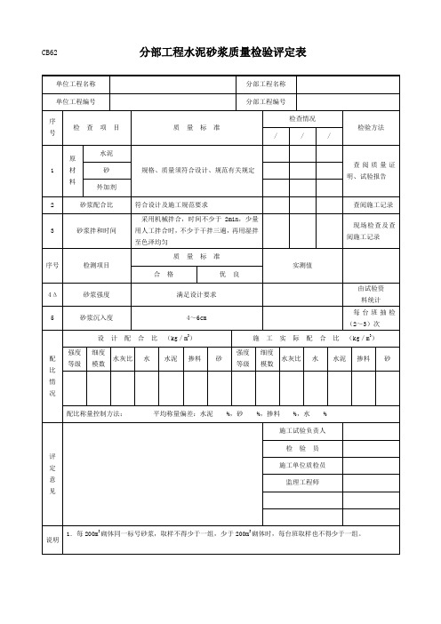 分部工程水泥砂浆质量检验评定表