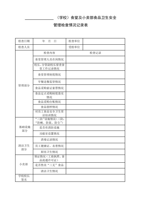 学校食堂及小卖部食品卫生安全管理检查情况记录表