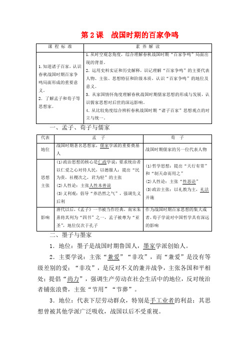 高中历史 第1单元 中国古代的思想与科技 第2课 战国时期的百家争鸣教案(含解析)