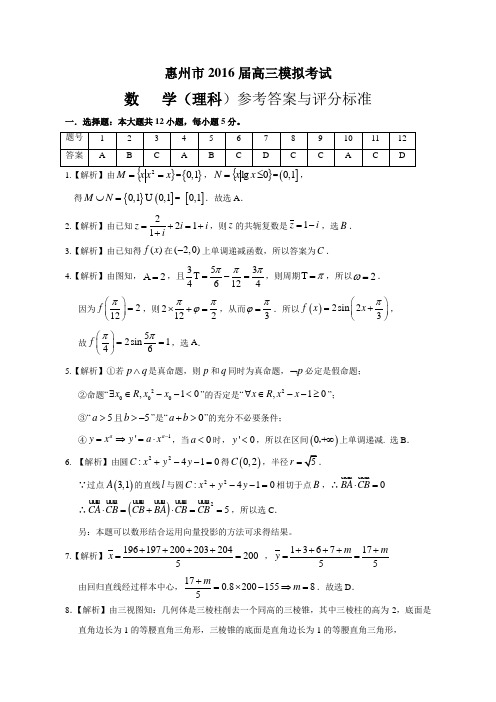 惠州市2016届高三模拟考试理科数学试题答案