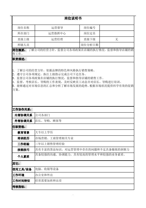 运营督导岗位职责薪酬标准及考核办法