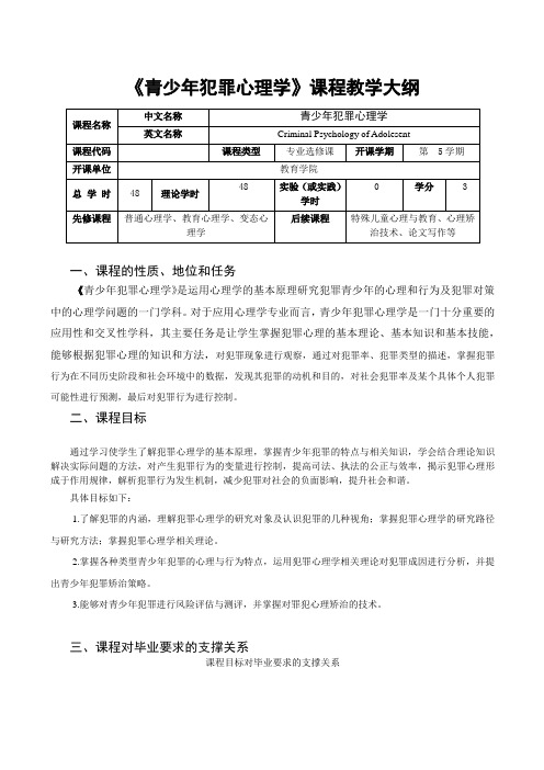 《青少年犯罪心理学》 教学大纲