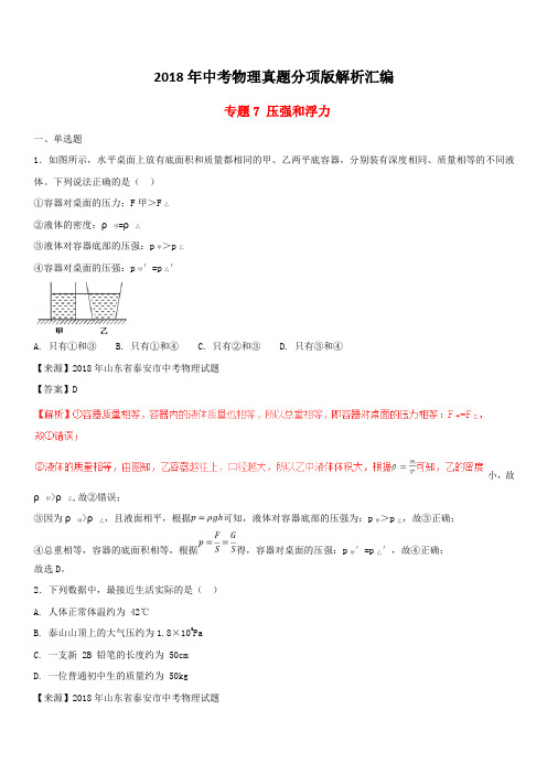 2018年中考物理真题分项版解析汇编第01期专题07压强和浮力(含解析)