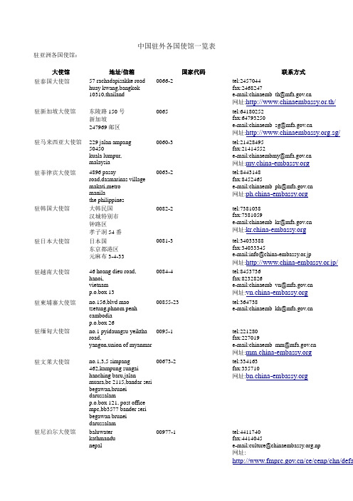 中国驻外各国使馆一览表