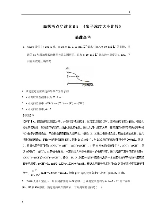 专题08 离子浓度大小比较-2019年高考化学高频考点穿透卷 Word版含解析