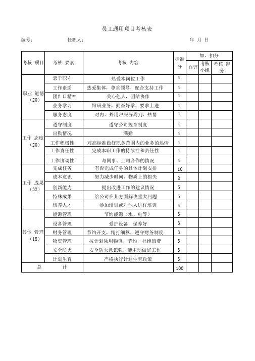 员工通用项目考核表