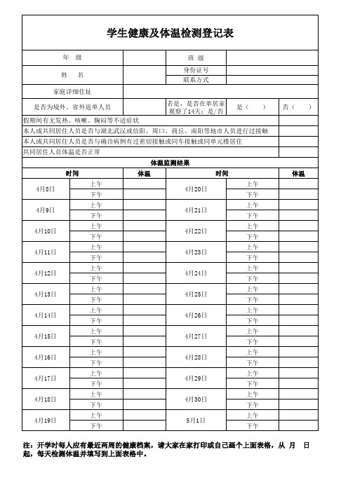 学生健康及体温监测登记表