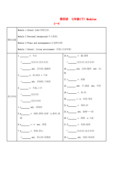 2019届中考英语总复习第一部分考点知识过关第四讲七下Modules1_4梳理新版外研版word版本