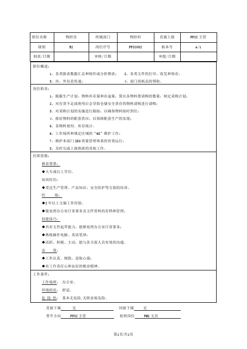 物控员PMC岗位说明书