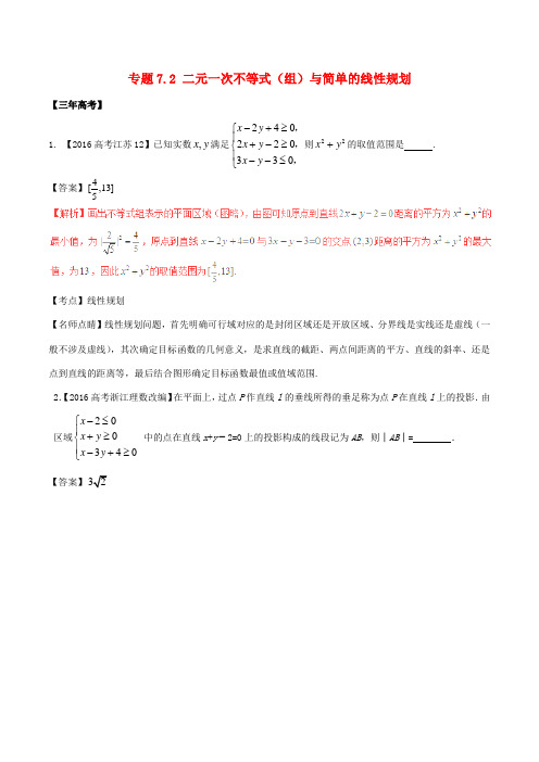 高考数学(精讲精练精析)专题7.2 二元一次不等式(组)与简单的线性规划试题(江苏版)(含解析)-江