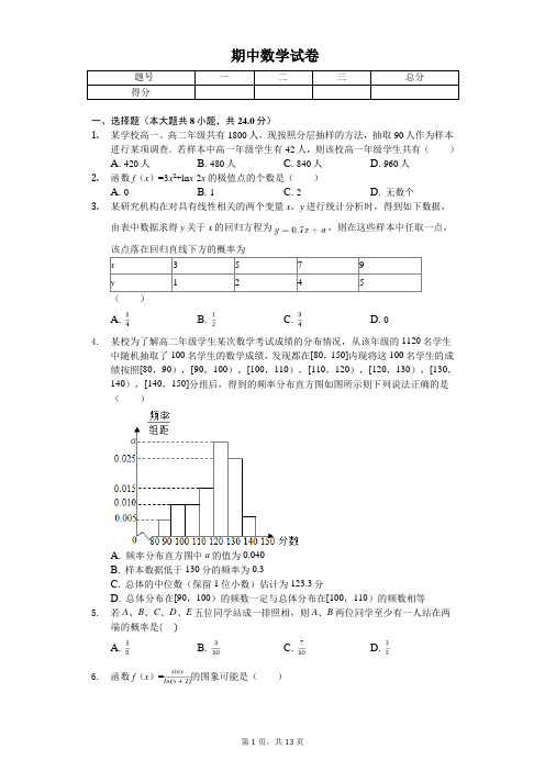 2020年天津一中高二(下)期中数学试卷 