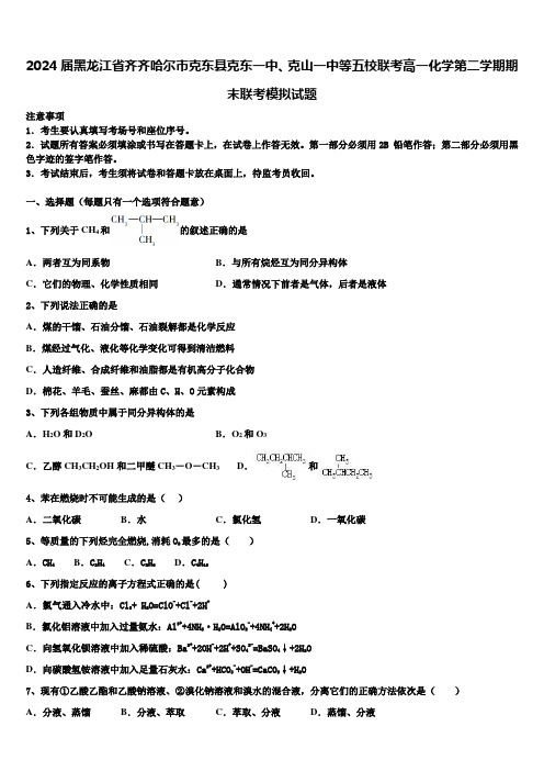 2024届黑龙江省齐齐哈尔市克东县克东一中、克山一中等五校联考高一化学第二学期期末联考模拟试题含解析