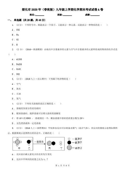 绥化市2020年(春秋版)九年级上学期化学期末考试试卷A卷