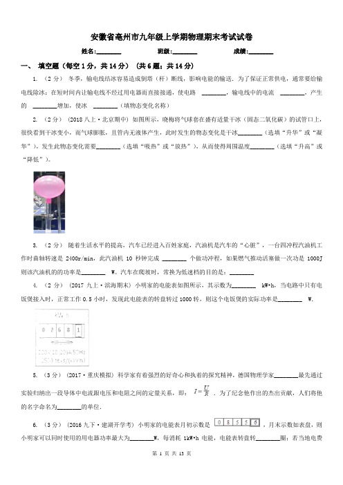 安徽省亳州市九年级上学期物理期末考试试卷