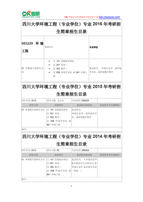 四川大学环境工程(专业学位)专业2016年考研招生简章招生目录