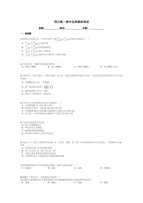 四川高一高中化学期末考试带答案解析
