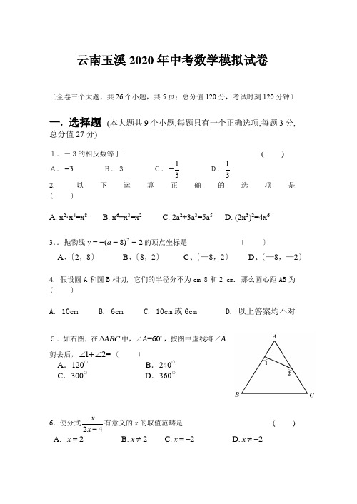 云南玉溪2020年中考数学模拟试卷