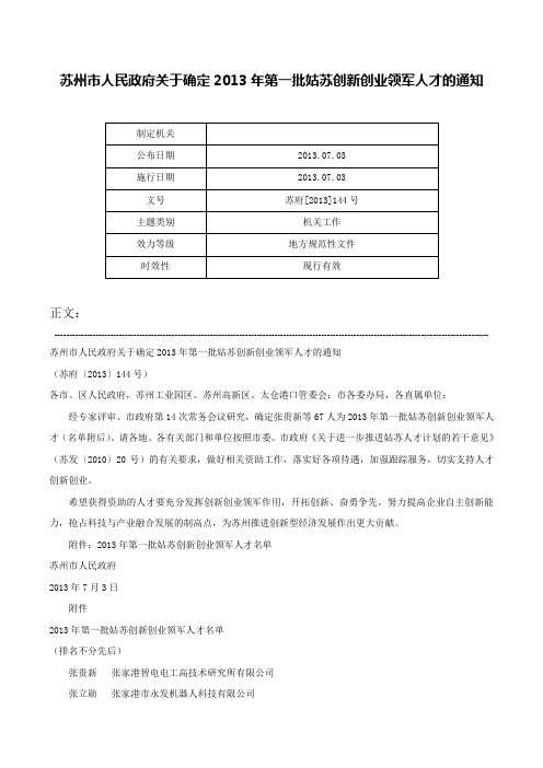 苏州市人民政府关于确定2013年第一批姑苏创新创业领军人才的通知-苏府[2013]144号