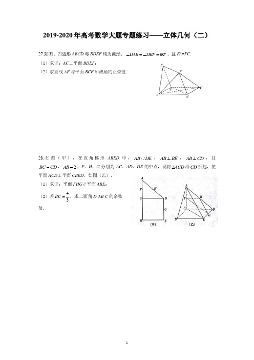 2019-2020年高考数学大题专题练习——立体几何(二)