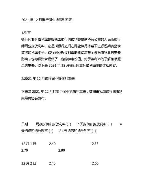 2021年12月银行同业拆借利率表