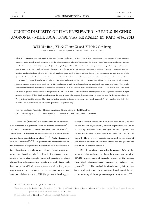 GENETIC DIVERSITY OF FIVE FRESHWATER MUSSELS IN GENUS ANODONTA MOLLUSCA BIVALVIA REVEALED BY RAP