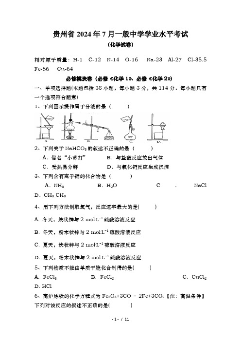 贵州省2024年7月普通高中学业水平考试化学