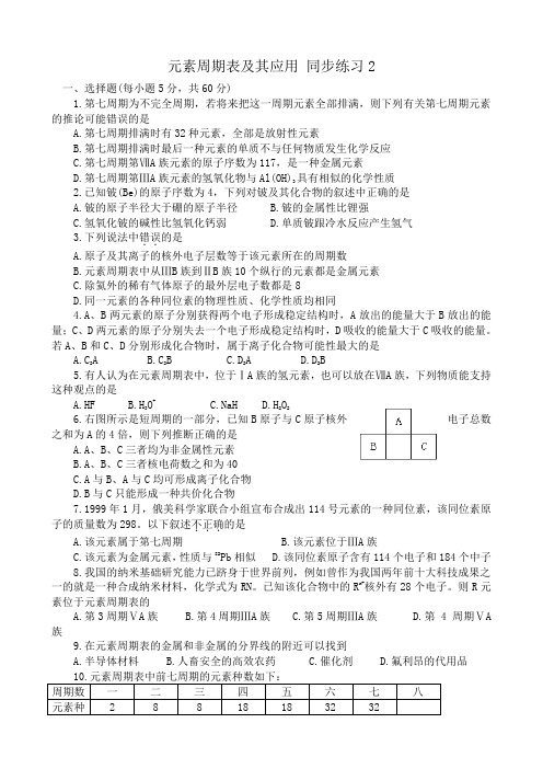 高中化学元素周期表及其应用 同步练习2苏教版 必修2