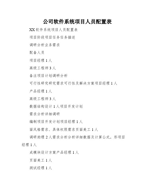 公司软件系统项目人员配置表