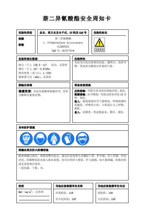 萘二异氰酸酯安全周知卡、职业危害告知卡、理化特性表