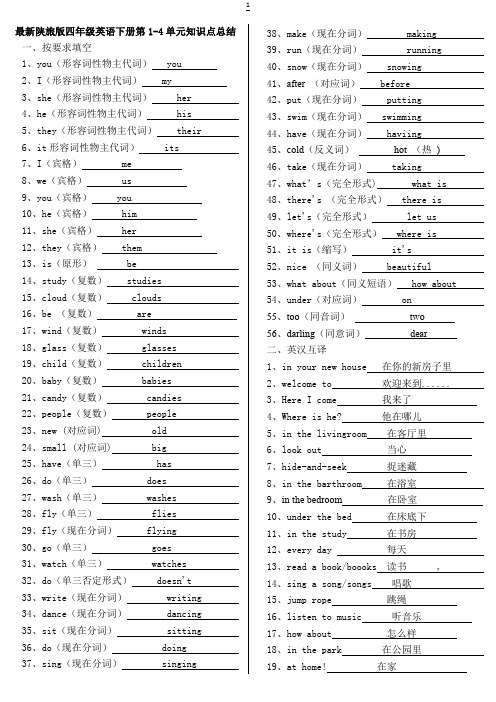 最新陕旅版四年级英语下册第1-4单元基础知识点总结