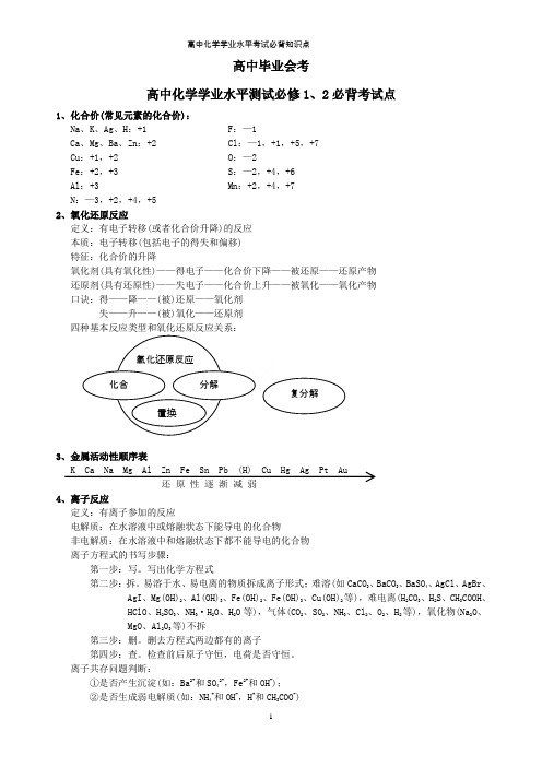 高中化学学业水平考试必背知识点