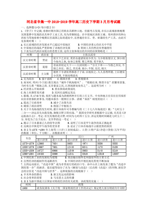 河北省辛集一中2018_2019学年高二历史下学期3月月考试题