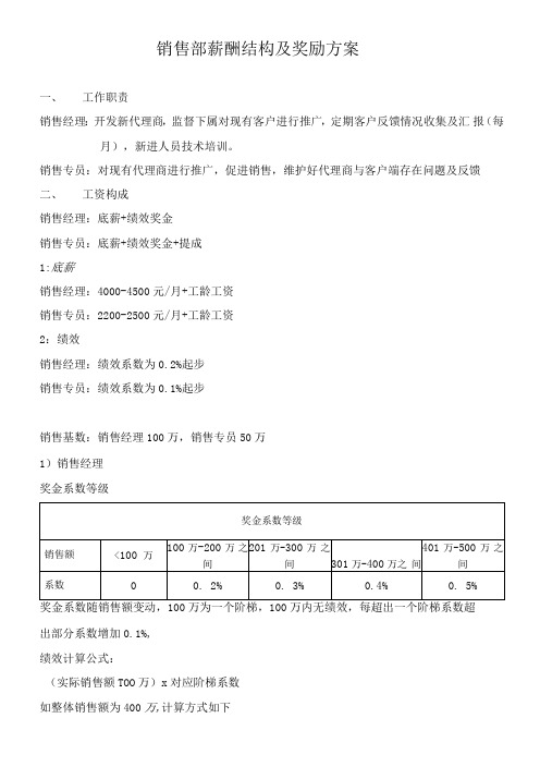 销售部薪酬结构及奖励方案