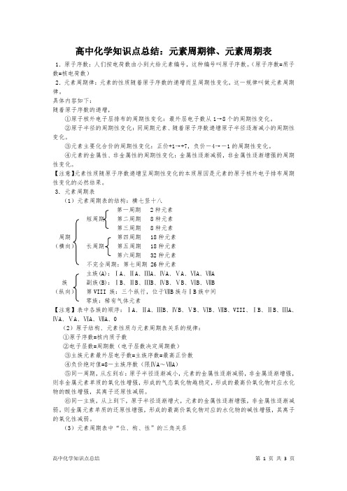 高中化学知识点总结：元素周期律、元素周期表