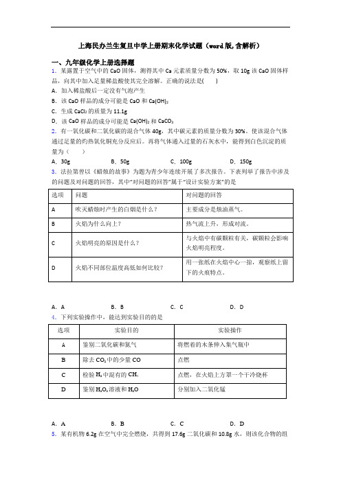 上海民办兰生复旦中学初三化学上册期末化学试题(word版,含解析)