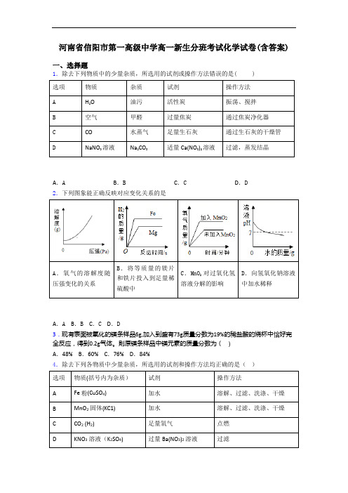 河南省信阳市第一高级中学高一新生分班考试化学试卷(含答案)