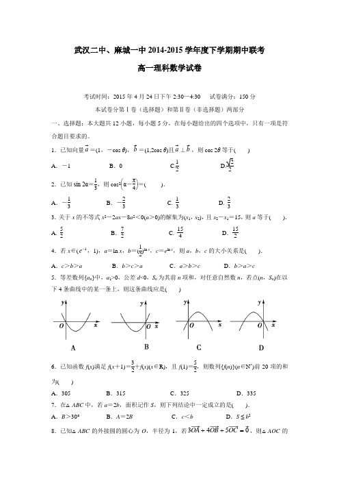 湖北省武汉市第二中学、麻城一中14—15学年下学期高一期中考试数学(理)试题(附答案)