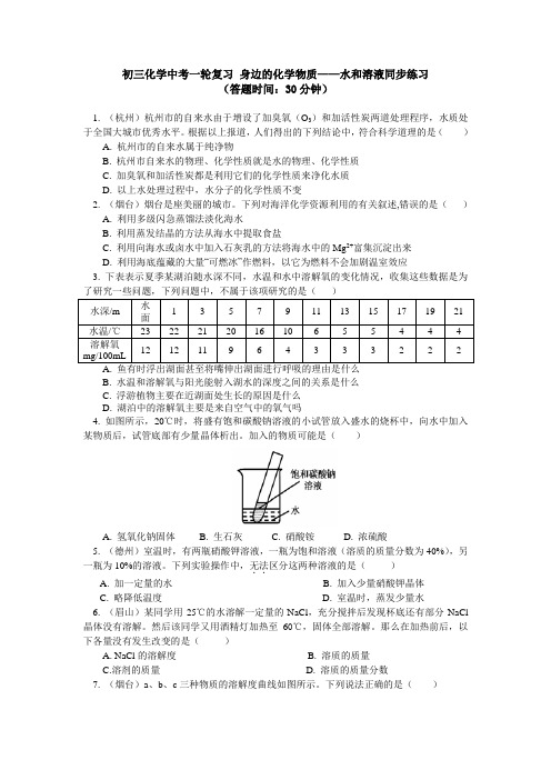 人教版九年级化学 中考复习 身边的化学物质——水和溶液同步练习(包含答案解析)