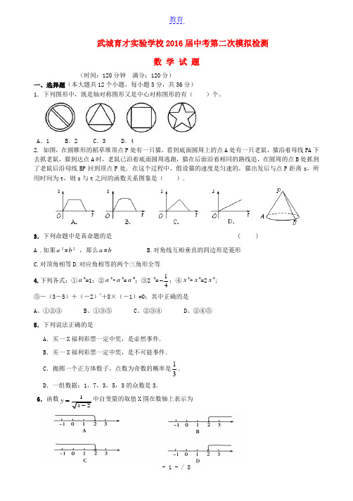 山东省武城县育才实验学校2016届中考数学第二次模拟试题