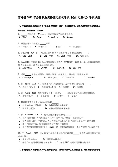 青海省2015年会计从业资格证无纸化考试《会计电算化》考试试题